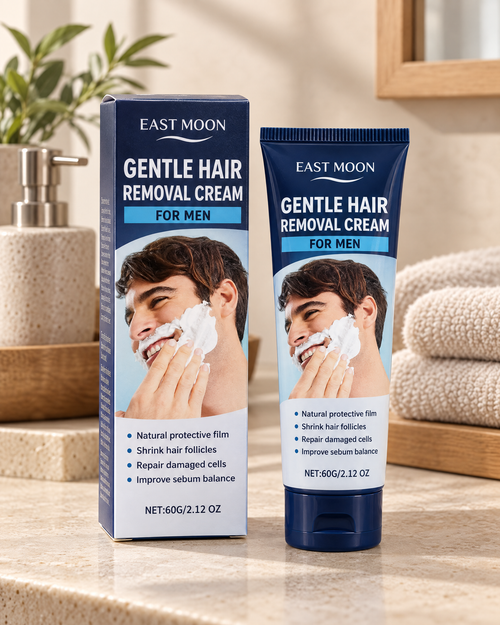East Moon men's hair removal cream in a warm ModoEase bathroom setting
