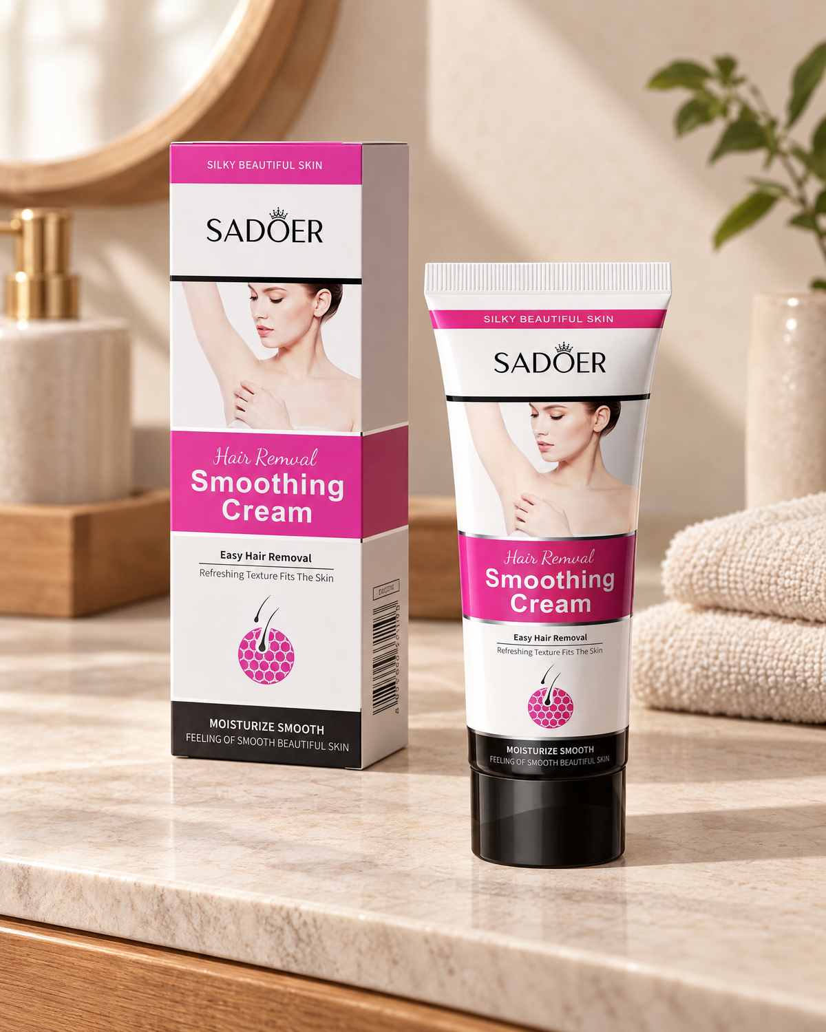 SADOER Hair Removal Smoothing Cream in a warm ModoEase bathroom setting