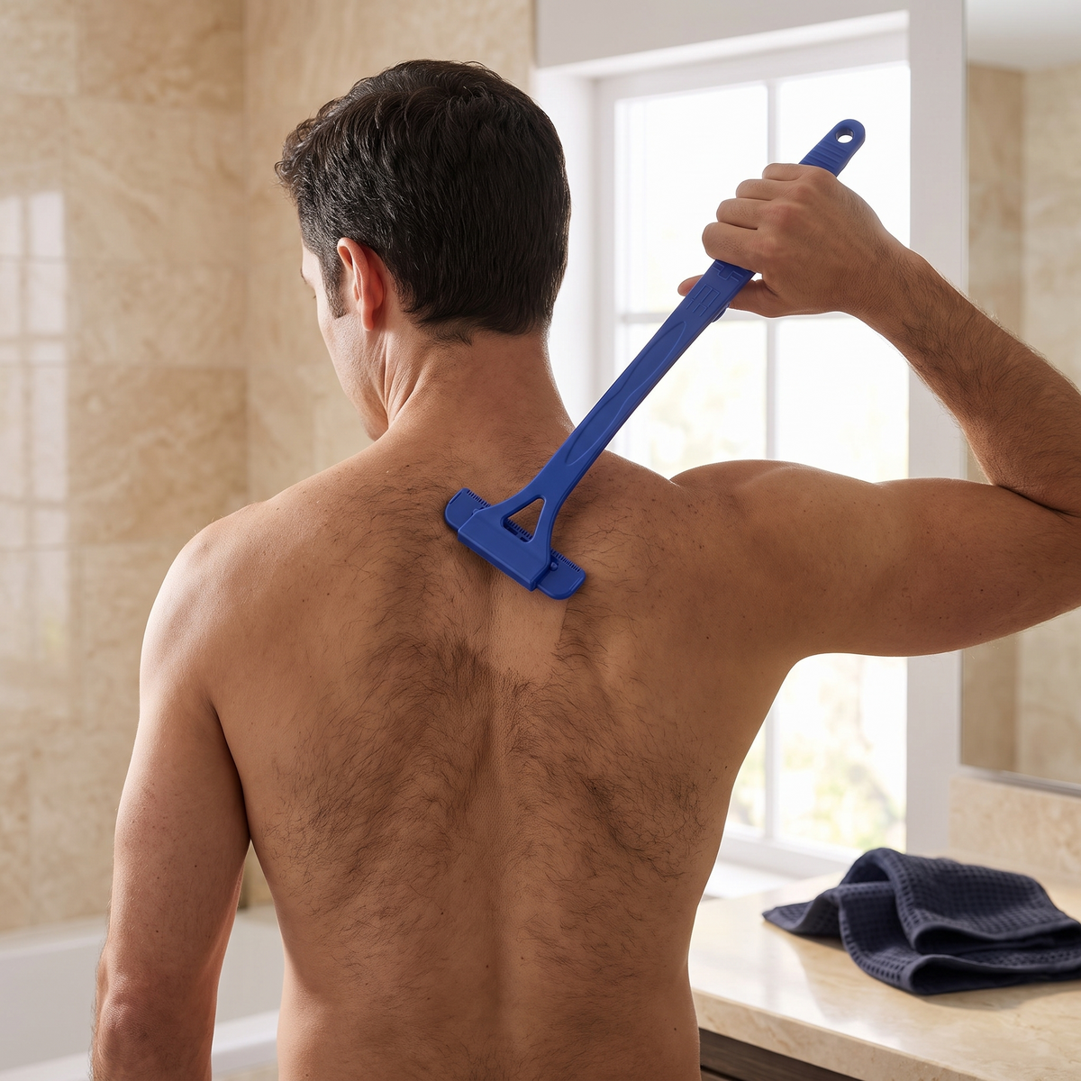 ModoEase ReachTrim back shaver in use on an adult man's bare back