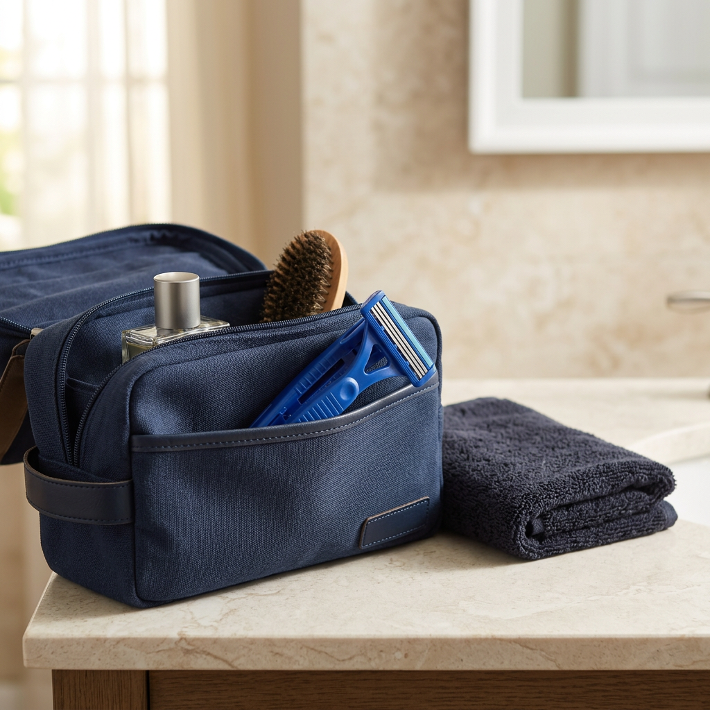 ModoEase ReachTrim back shaver folded inside a travel toiletry bag