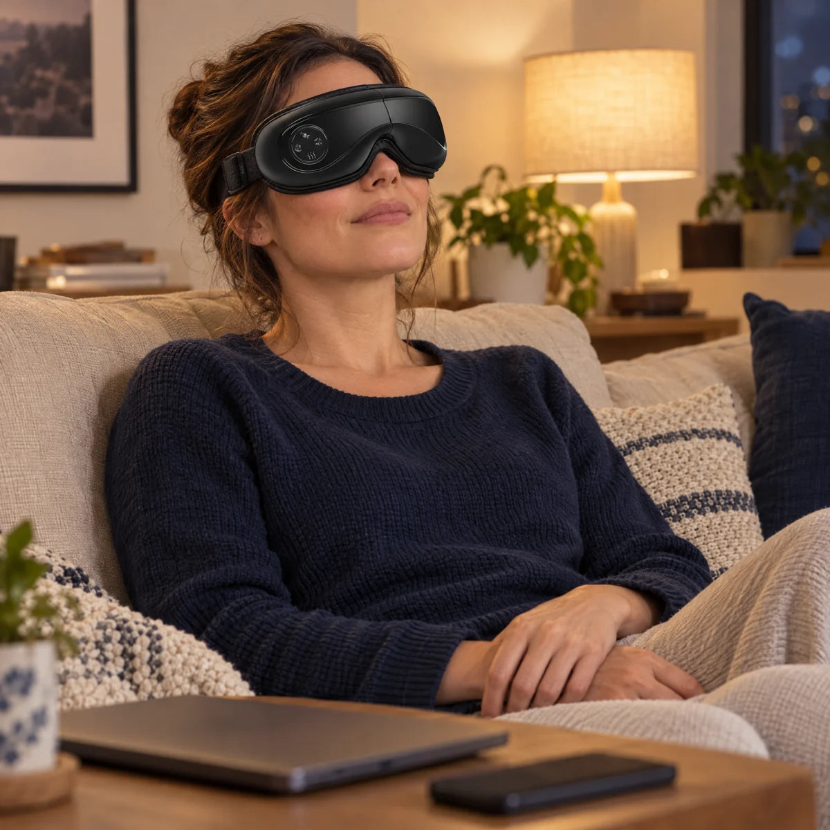 An evening pause with the eye massager, laptop closed and phone set aside
